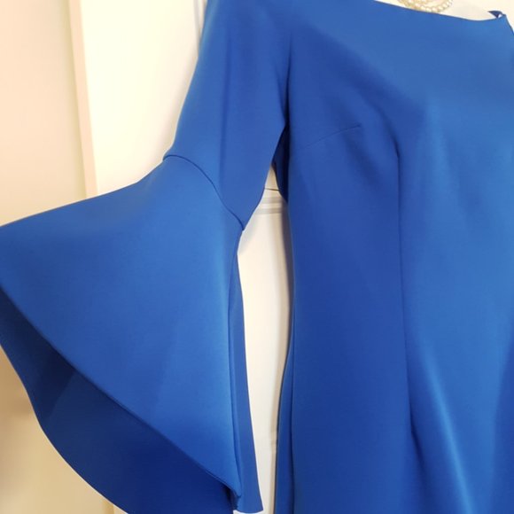 OLIMARA Blue Classy Cocktail Dress with 3/4 Bell sleeves, Made in Spain, sz 8/10 - Picture 5 of 11